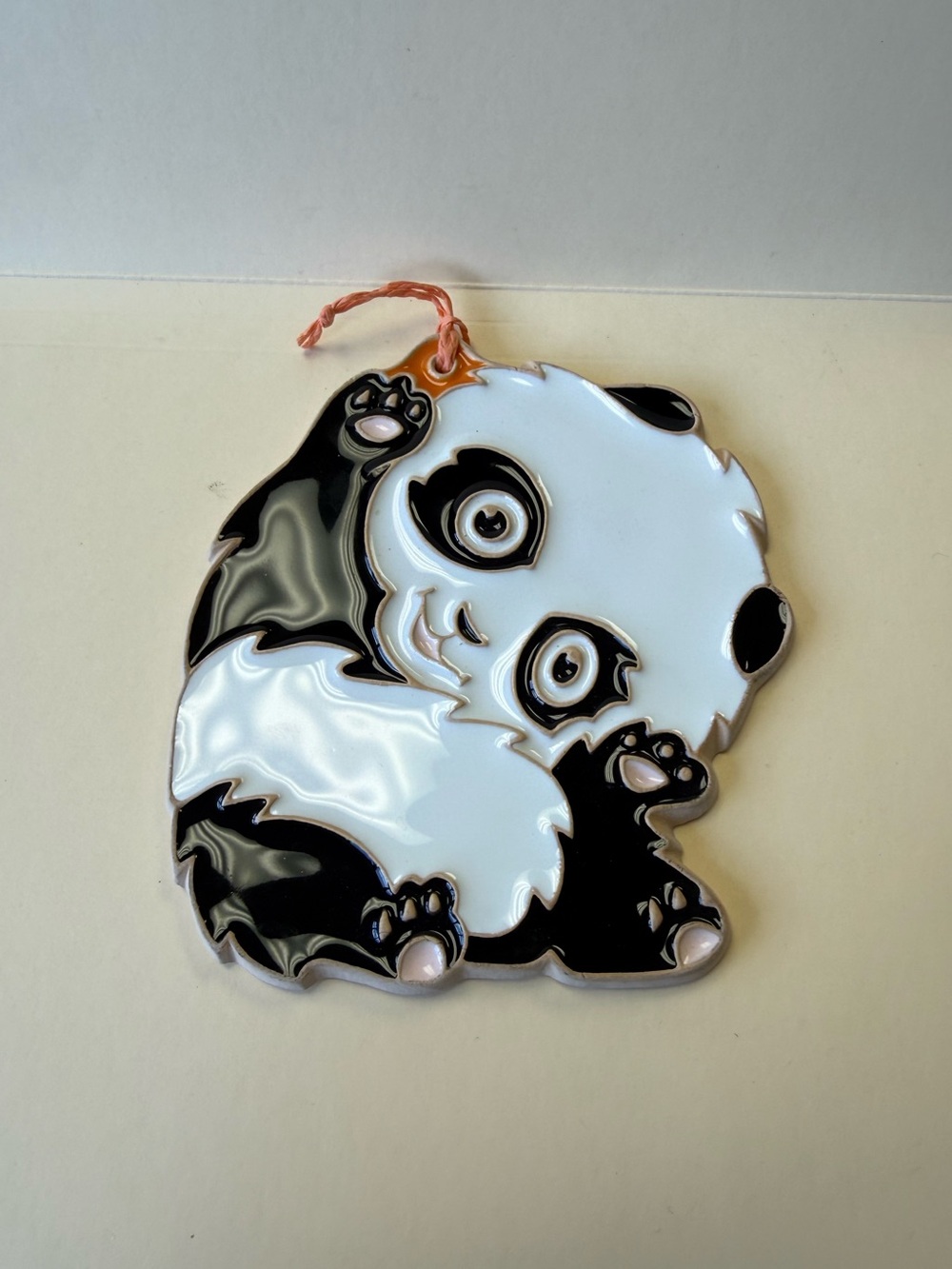 Hand Crafted Ceramic Black & White Enamel Panda Wall Hanging Artist Signed.